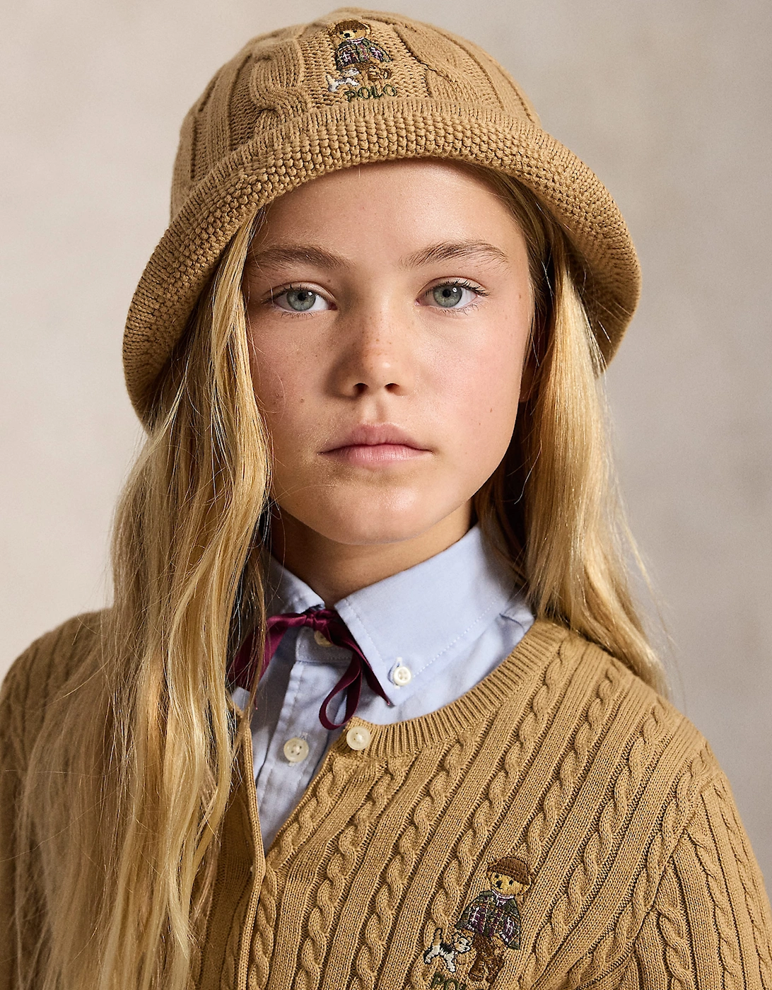 Ralph Lauren Girls Cable Knit Bucket Hat in Beige