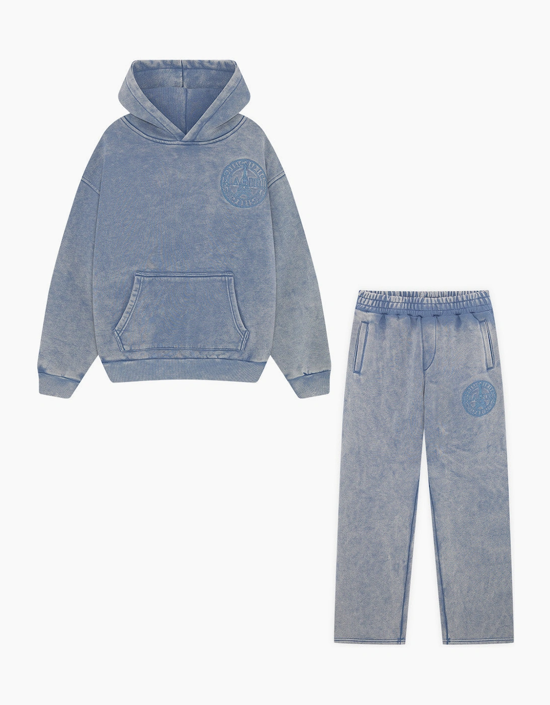 Magiri Men's Magiri Embroidered Acid Wash Hoodie & Jogger Tracksuit in Washed Blue