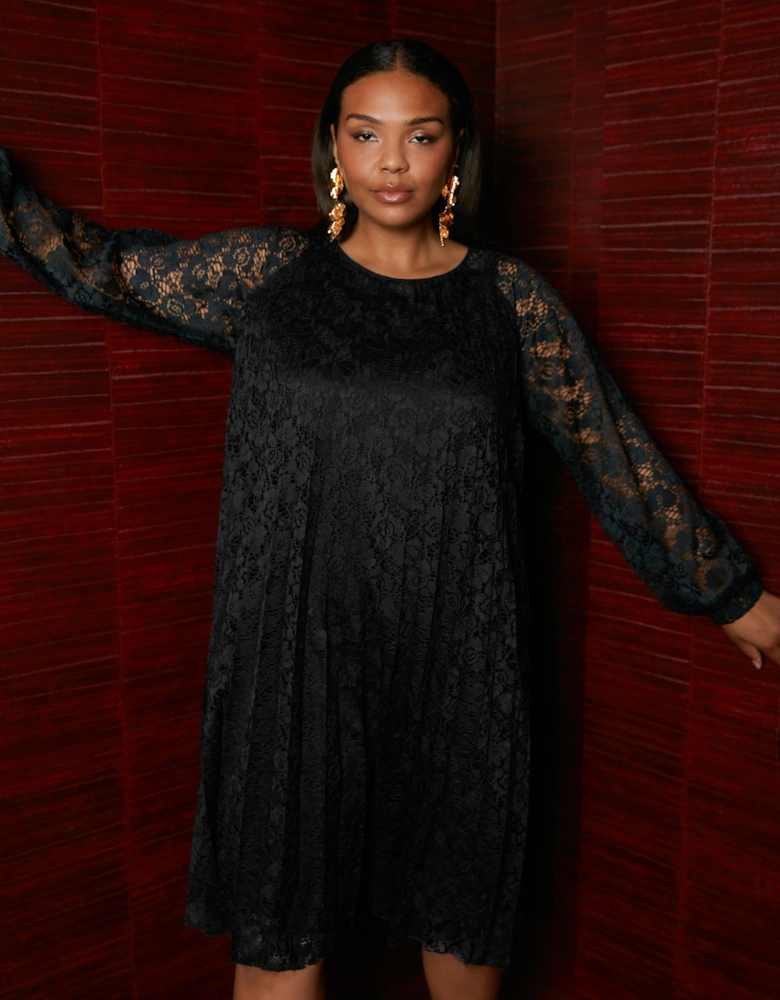 Black Lace Pleated Dress