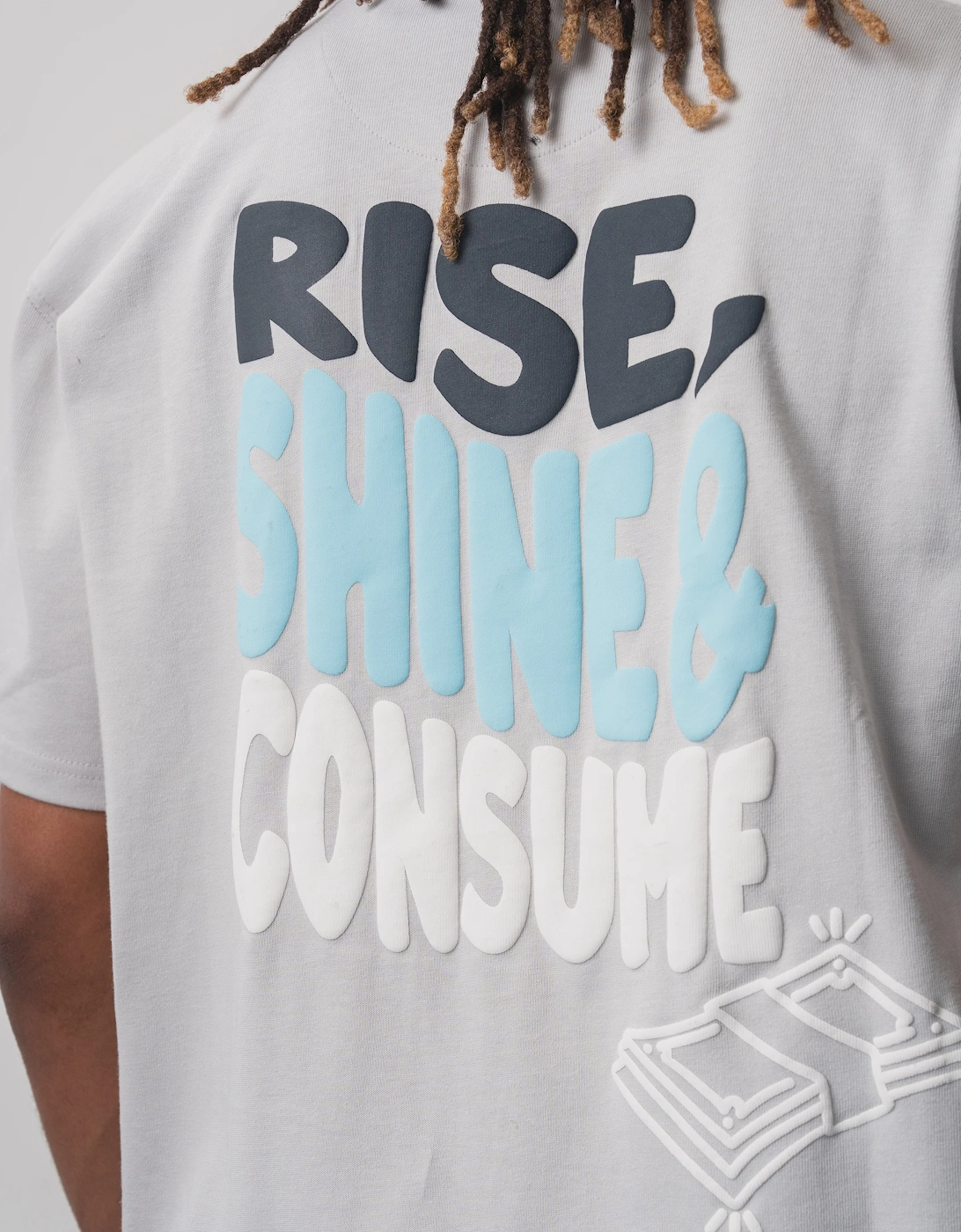 Fresh Flavours Rise, Shine & Consume Oversized T-Shirt - Lt Grey/ Blue