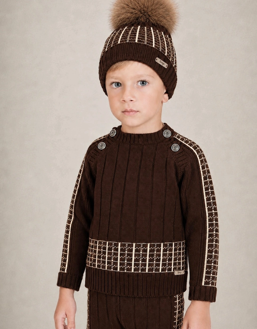 Boys Brown and Camel Fur Pom Hat