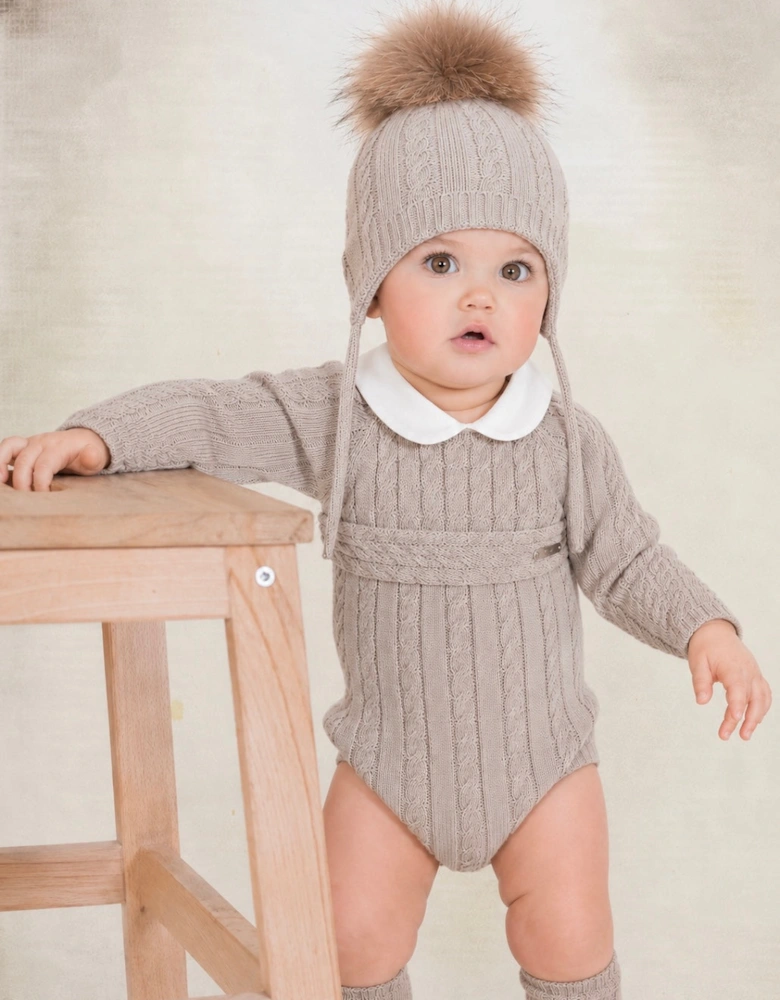 Boys Beige Stone Cable Fur Pom Hat