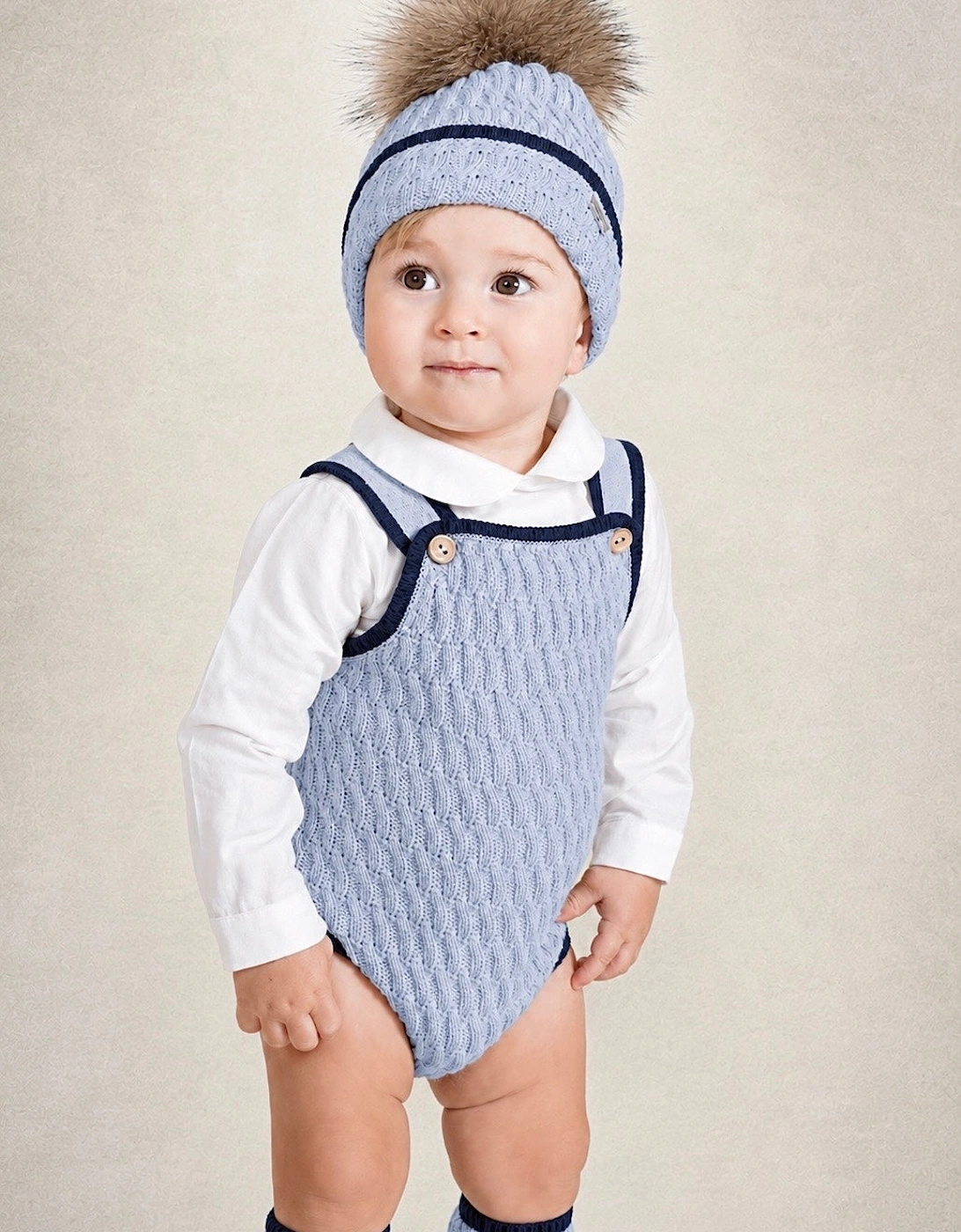 Boys Pale Blue and Navy Fur Pom Hat