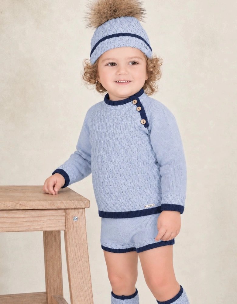 Boys Pale Blue and Navy Fur Pom Hat