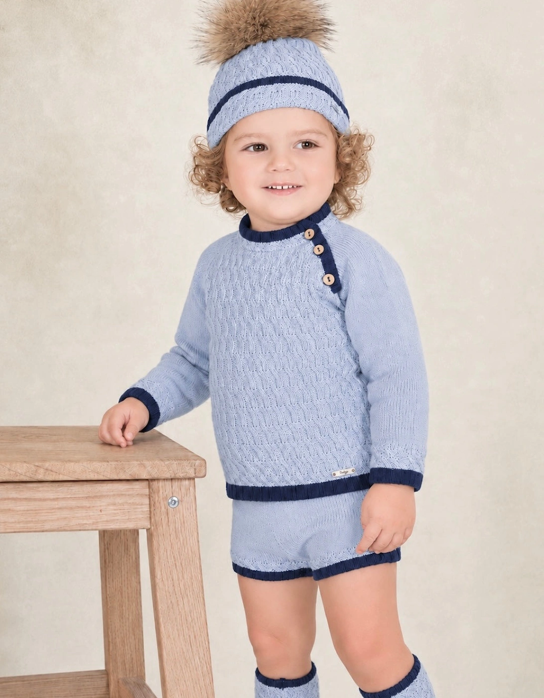 Boys Pale Blue and Navy Fur Pom Hat