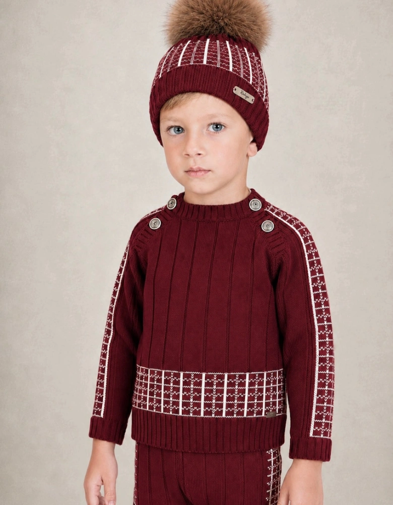Boys Dark Red and Ivory Fur Pom Hat