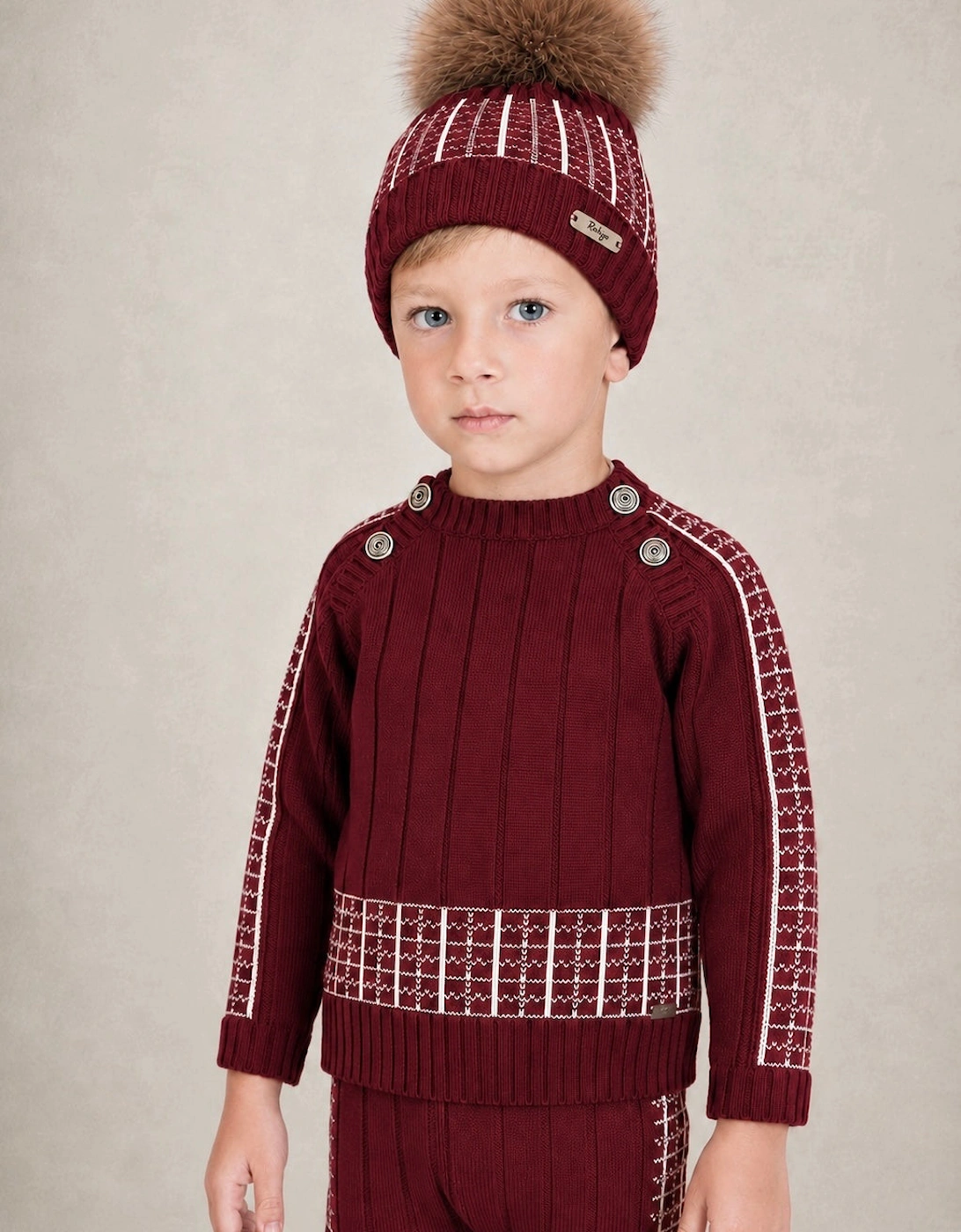 Boys Dark Red and Ivory Fur Pom Hat