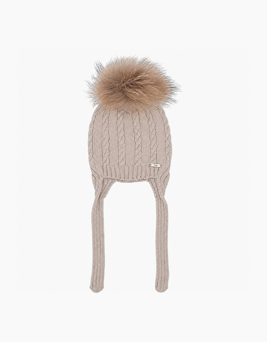 Boys Beige Stone Cable Fur Pom Hat