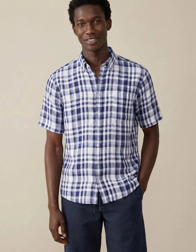 Linen Check Button Down Short Sleeved Shirt Navy
