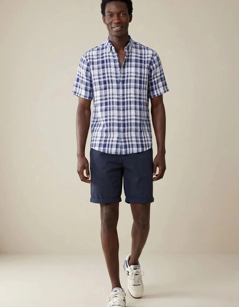 Linen Check Button Down Short Sleeved Shirt Navy