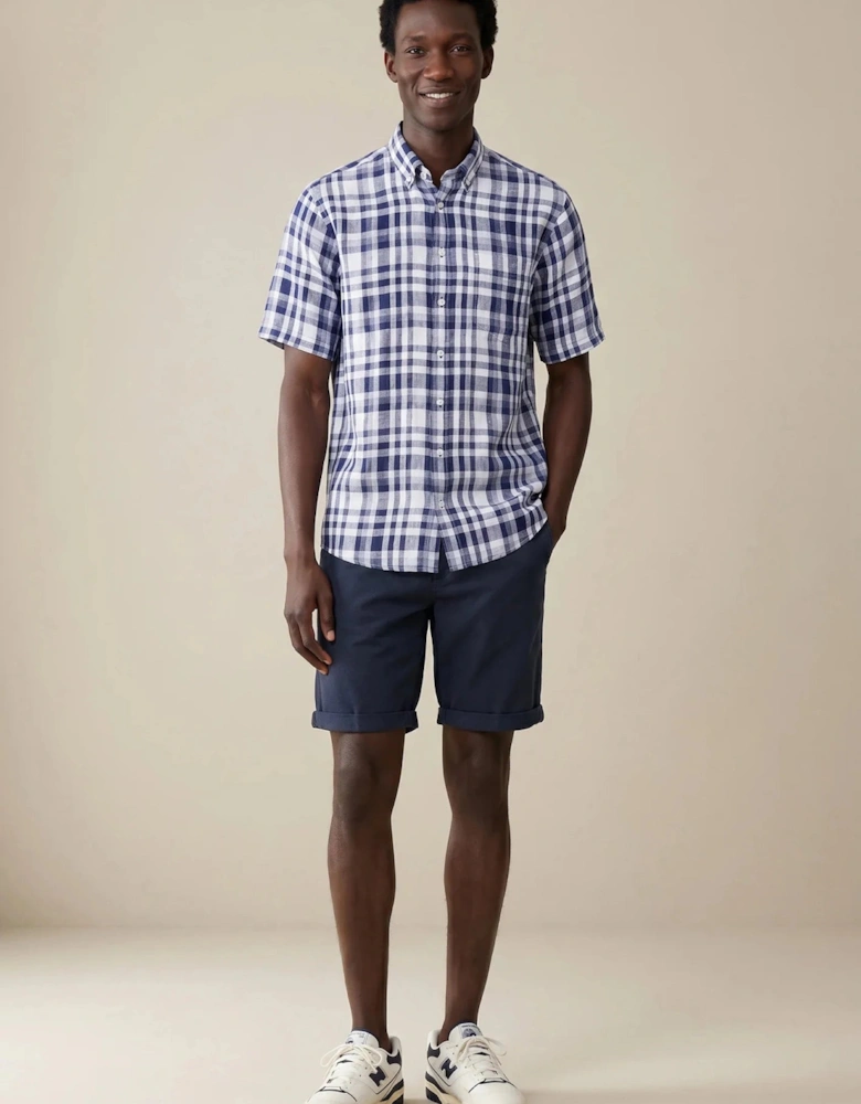 Linen Check Button Down Short Sleeved Shirt Navy