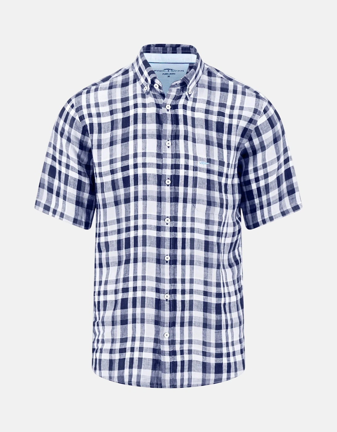 Linen Check Button Down Short Sleeved Shirt Navy