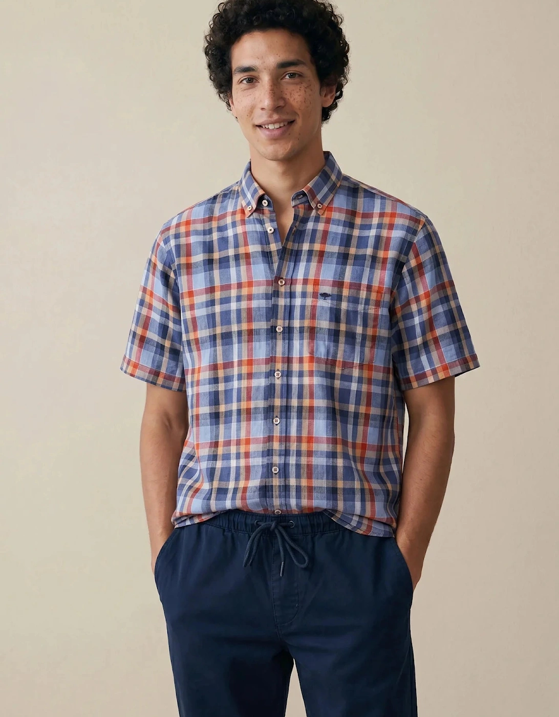 Linen Check Button Down Short Sleeved Shirt Spicy Red