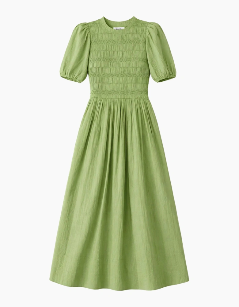 Green Cotton Shirred Bodice Dress