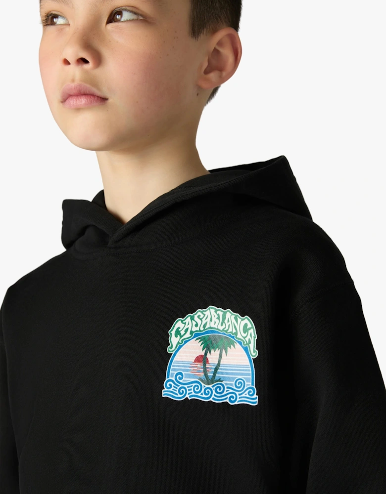 Casablanca Kids Loopback Palm Tree Print Hoodie in Black