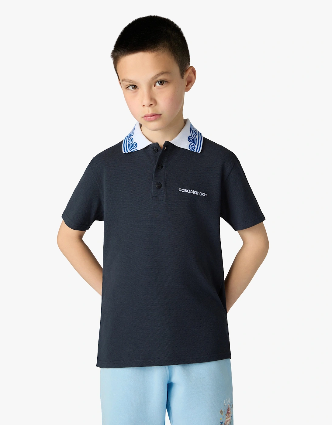 Casablanca Boys Waves Collar Polo Shirt in Navy