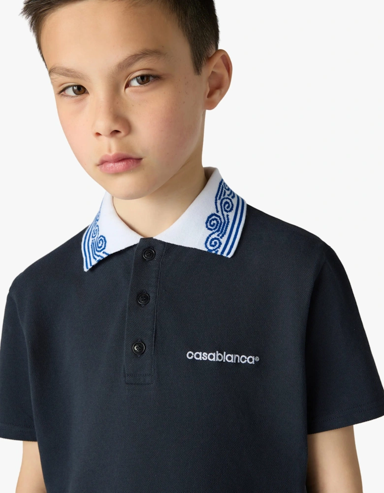 Casablanca Boys Waves Collar Polo Shirt in Navy