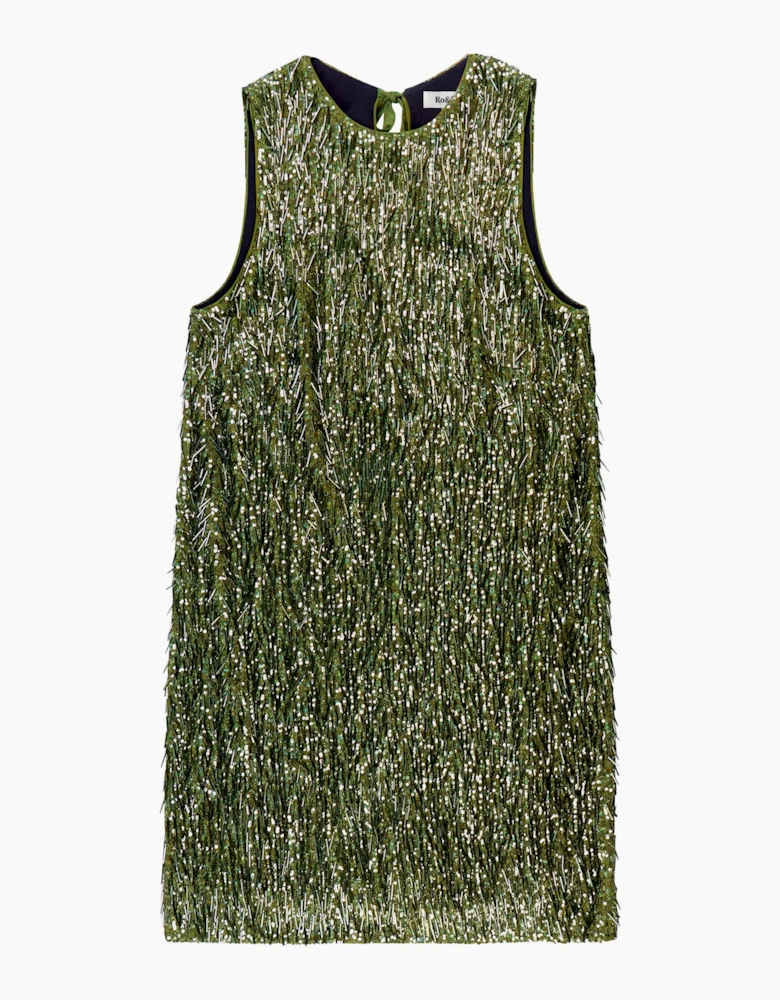 Nina Olive-Green Sequinned Bead-Embellished Shift Dress