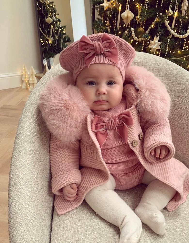 Powder Pink Knit Faux Fur Trim Cardigan