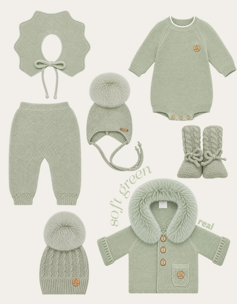 Soft Green Knit Real Fur Trim Cardigan