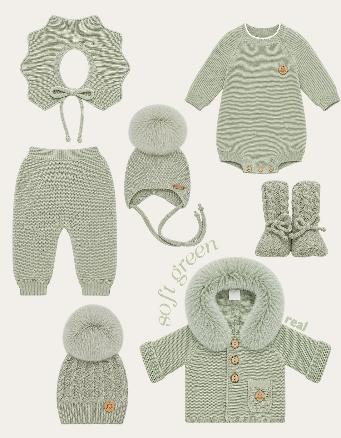 Soft Green Knit Real Fur Trim Cardigan