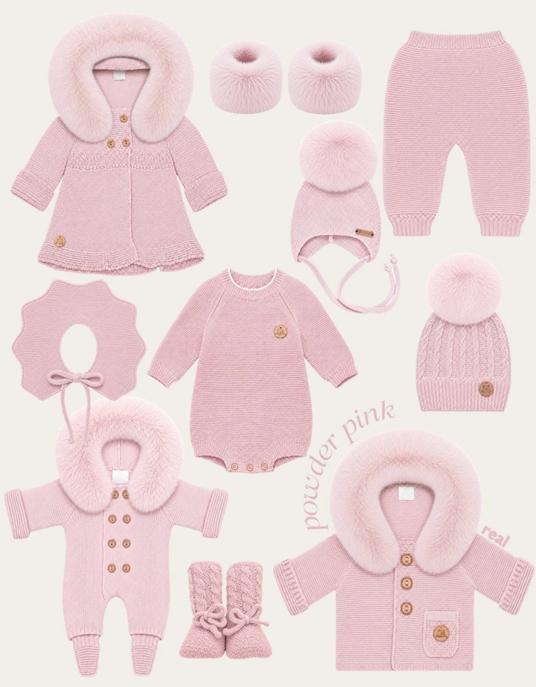 Powder Pink Knit Real Fur Trim Cardigan