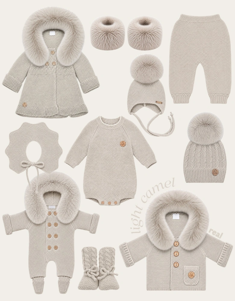 Light Camel Knit Real Fur Trim Cardigan