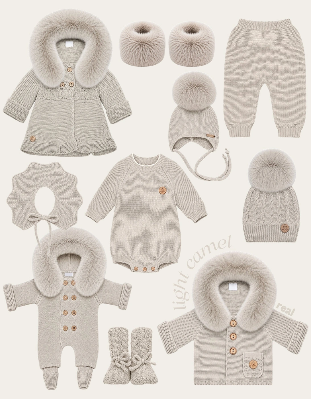Light Camel Knit Real Fur Trim Cardigan