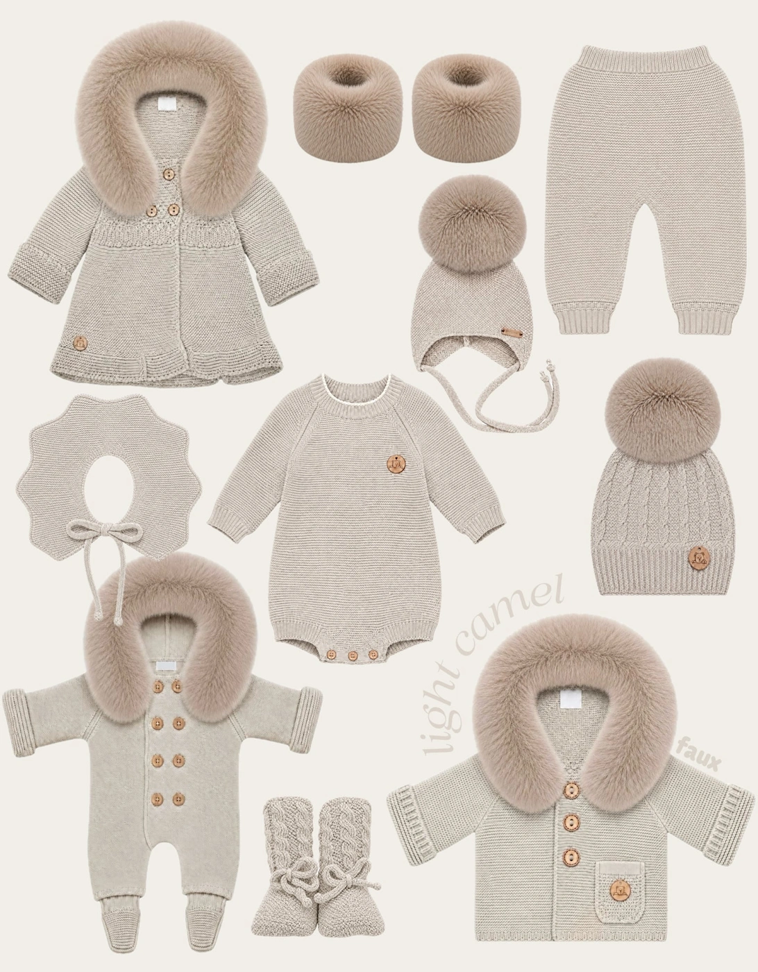 Light Camel Knit Faux Fur Trim Cardigan