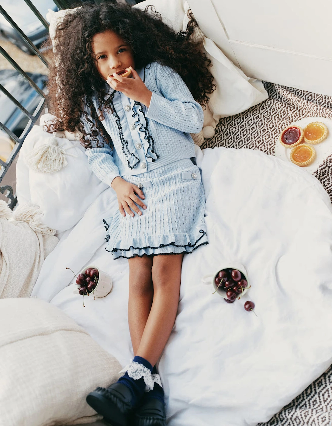 Self Portrait Girls Frill Trim Cardigan in Blue