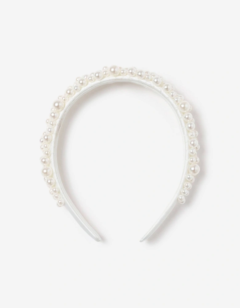 Self Portrait Girls Satin Pearl Embellished Headband in White