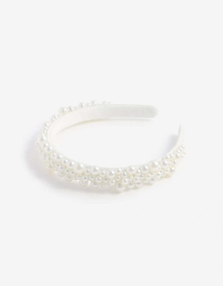Self Portrait Girls Satin Pearl Embellished Headband in White