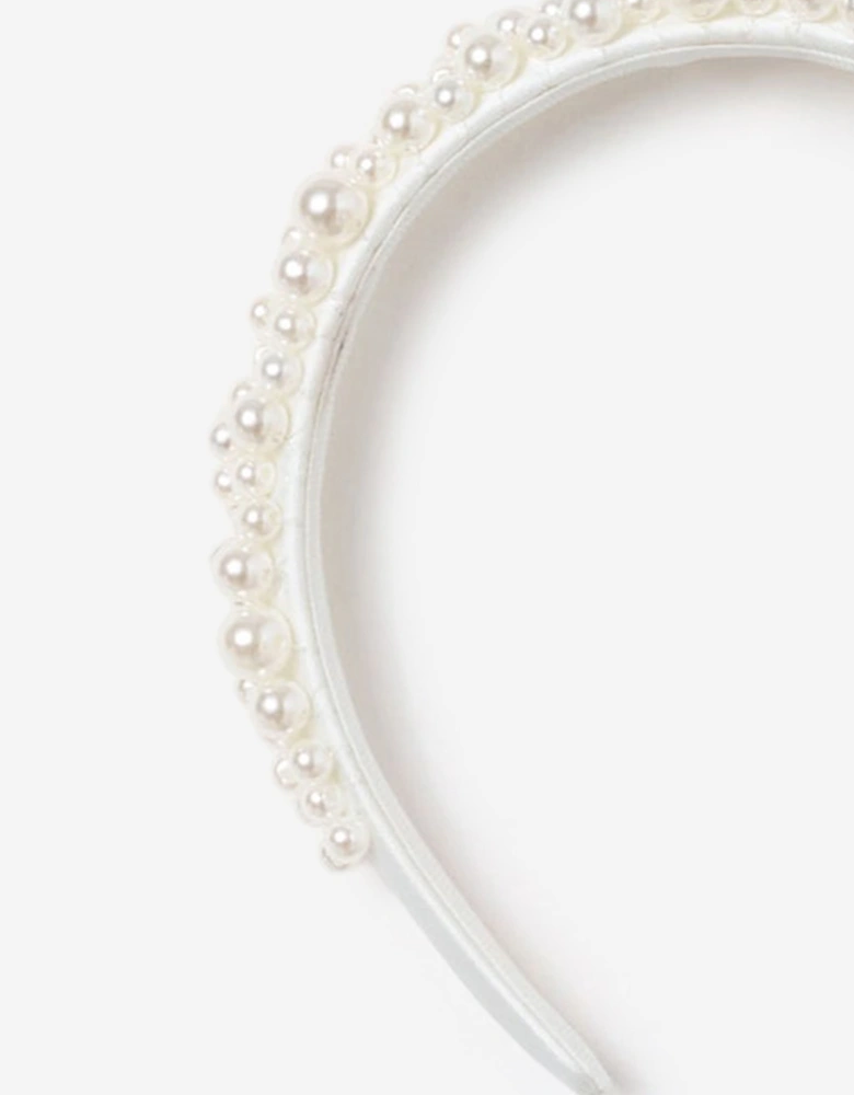 Self Portrait Girls Satin Pearl Embellished Headband in White
