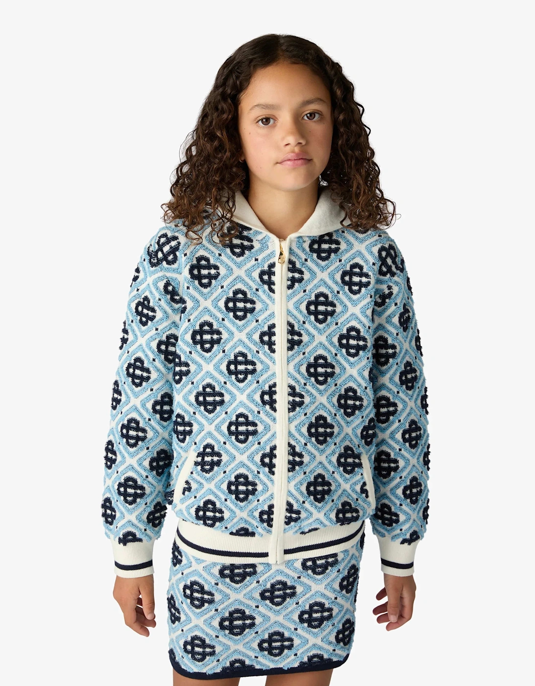 Casablanca Boys Textured Monogram Zip Up Hoodie in Blue