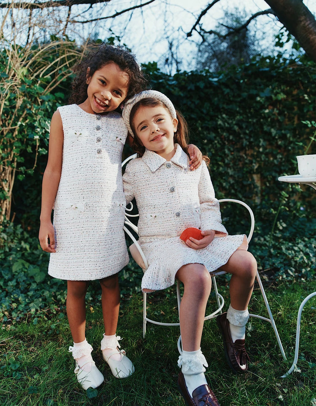 Self Portrait Girls Boucle Lace Bow Dress in Pink