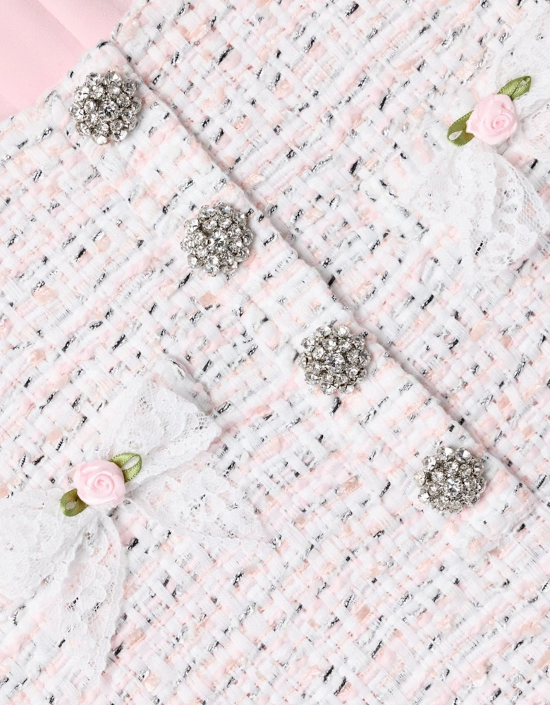 Self Portrait Girls Boucle Lace Bow Dress in Pink