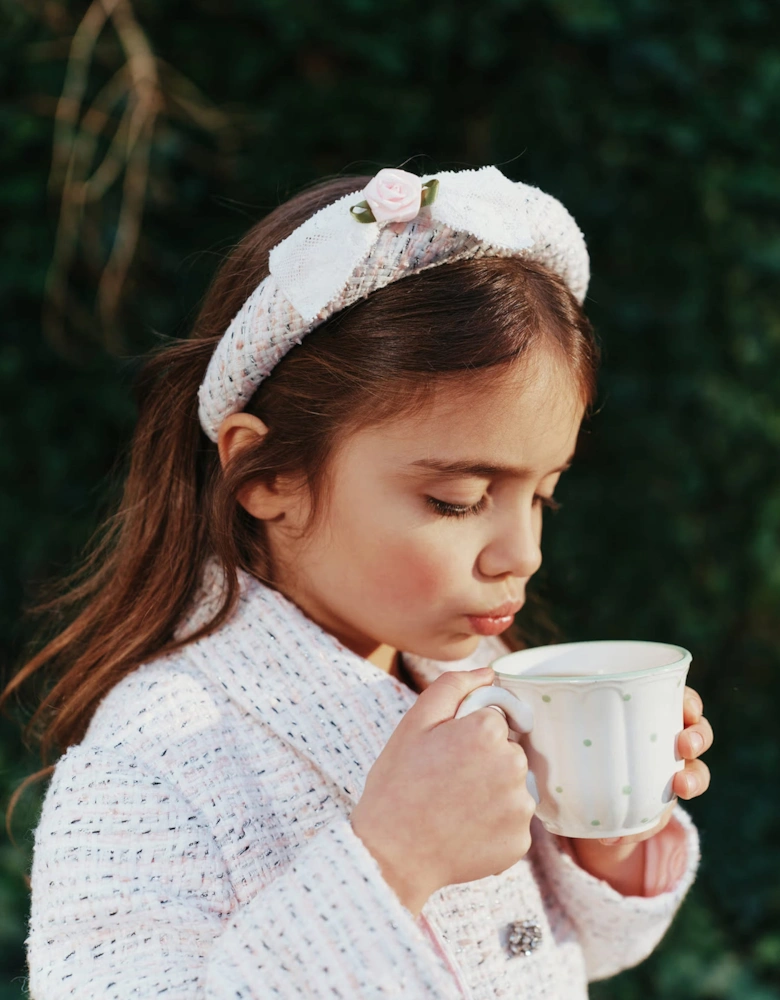 Self Portrait Girls Boucle Lace Bow Headband in Pink