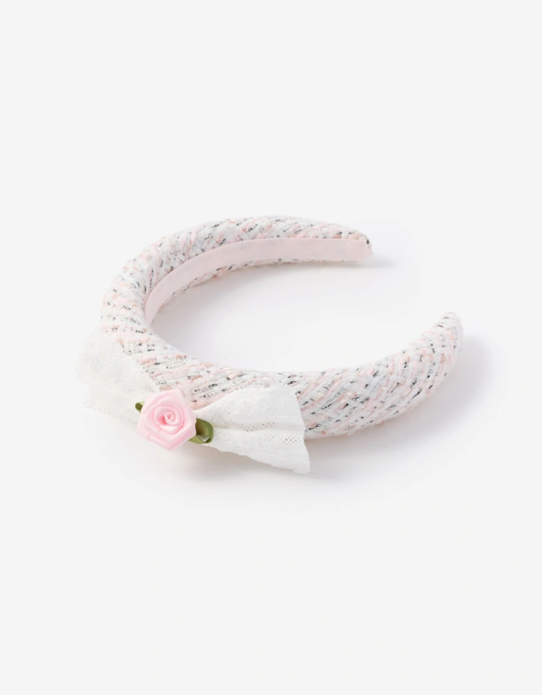 Self Portrait Girls Boucle Lace Bow Headband in Pink