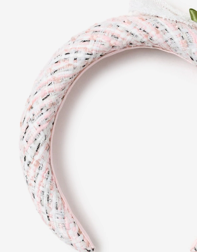 Self Portrait Girls Boucle Lace Bow Headband in Pink