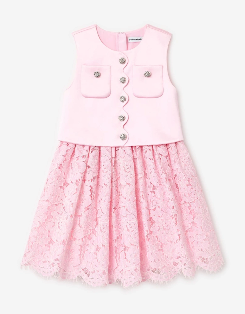 Self Portrait Girls Satin Lace Dress in Pink
