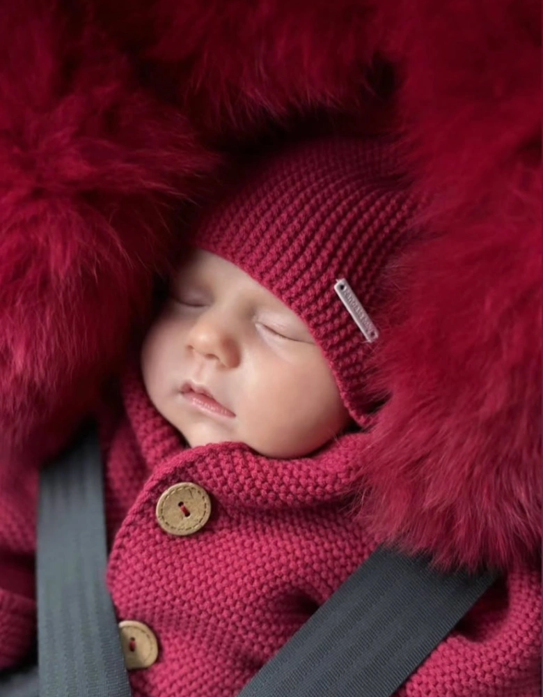 Dark Red Cable Knit Real Fur Trim Pramsuit