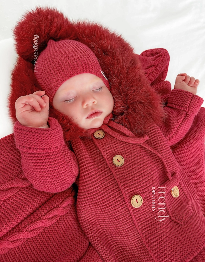 Dark Red Knit Real Fur Tie Hat