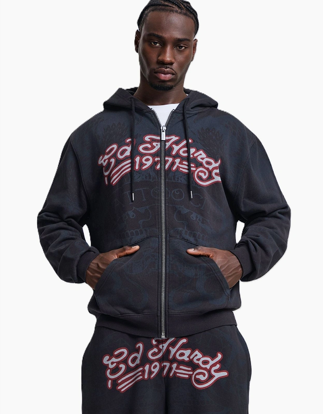 Ed Hardy Shadow Eagle Graphic Relaxed Zip Thru Men's Black Hoodie