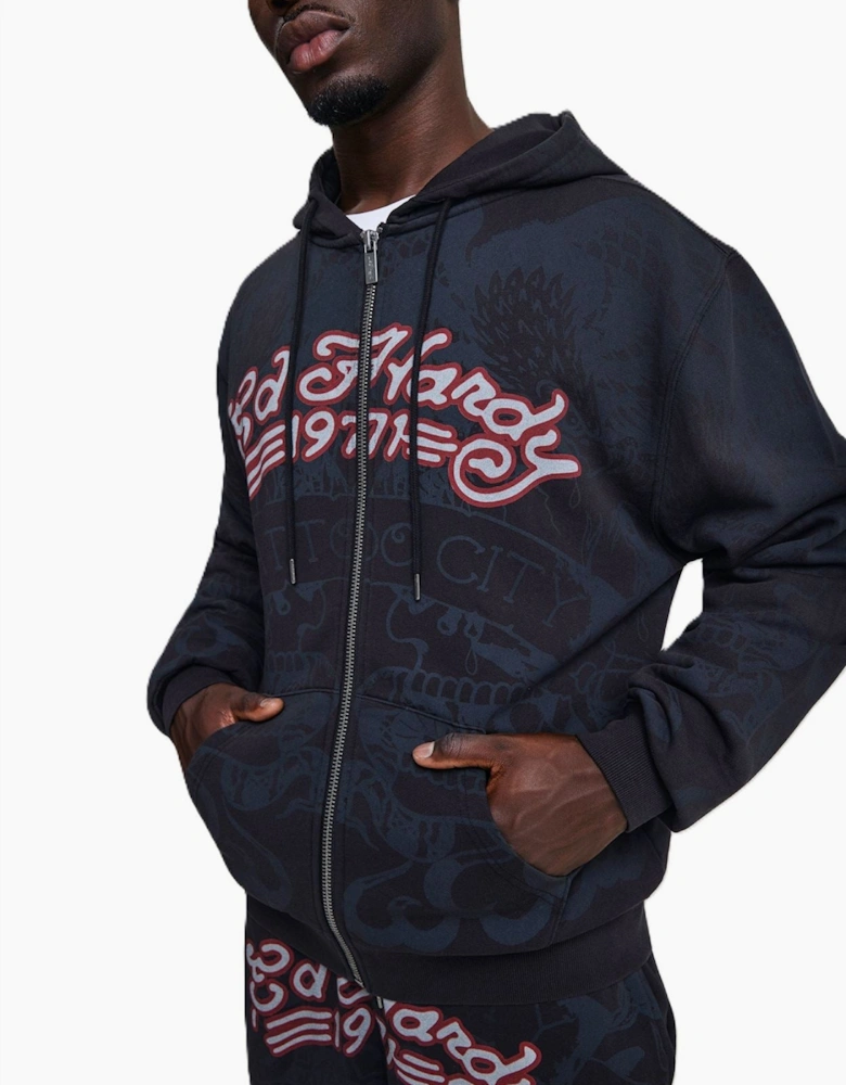 Ed Hardy Shadow Eagle Graphic Relaxed Zip Thru Men's Black Hoodie