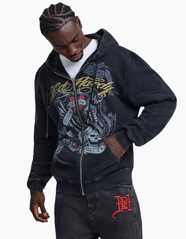 Ed Hardy New York Washed Relaxed Zip Thru Men's Black Hoodie