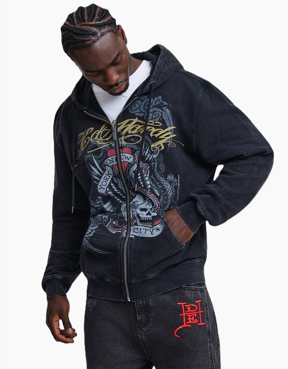 Ed Hardy New York Washed Relaxed Zip Thru Men's Black Hoodie