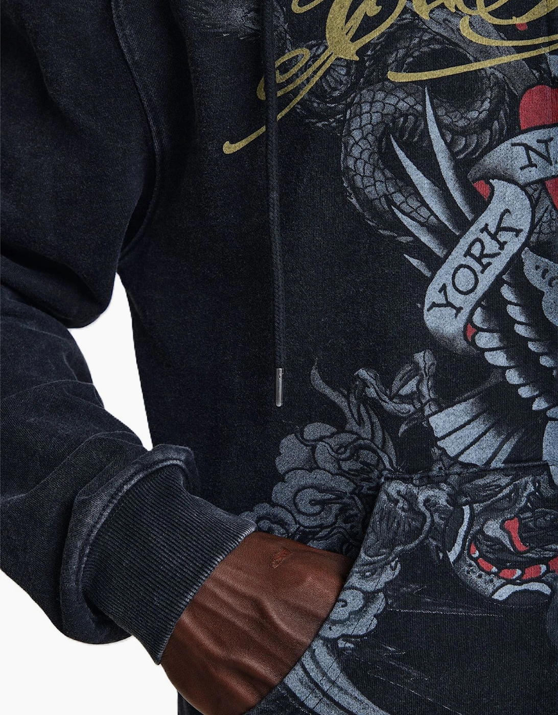 Ed Hardy New York Washed Relaxed Zip Thru Men's Black Hoodie