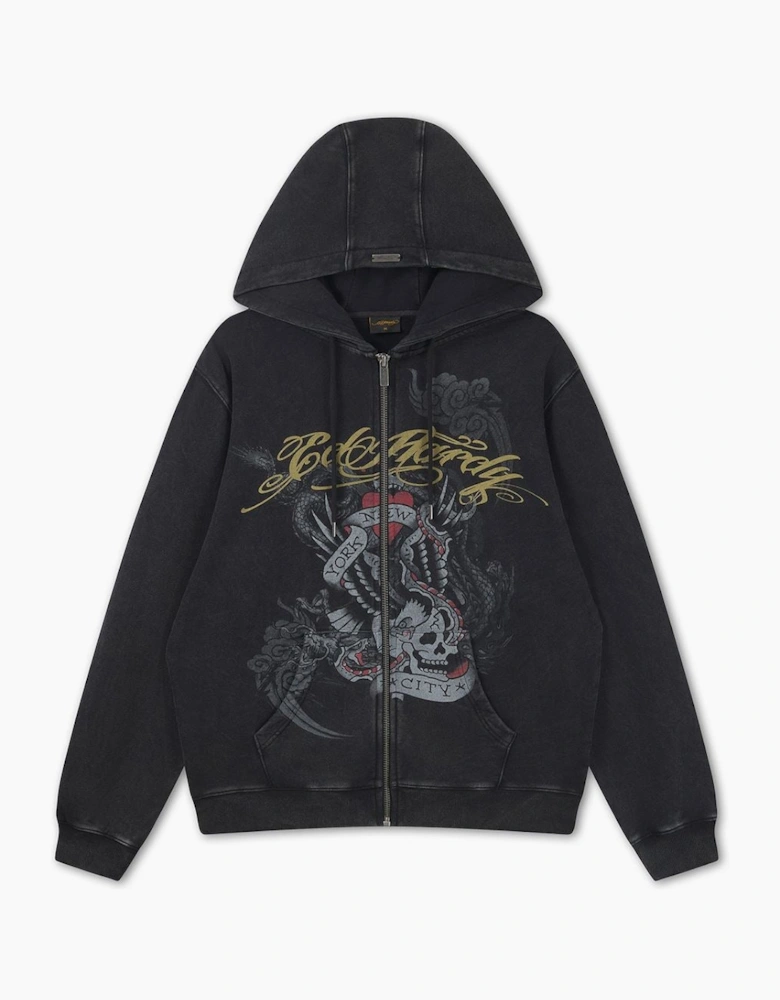 Ed Hardy New York Washed Relaxed Zip Thru Men's Black Hoodie
