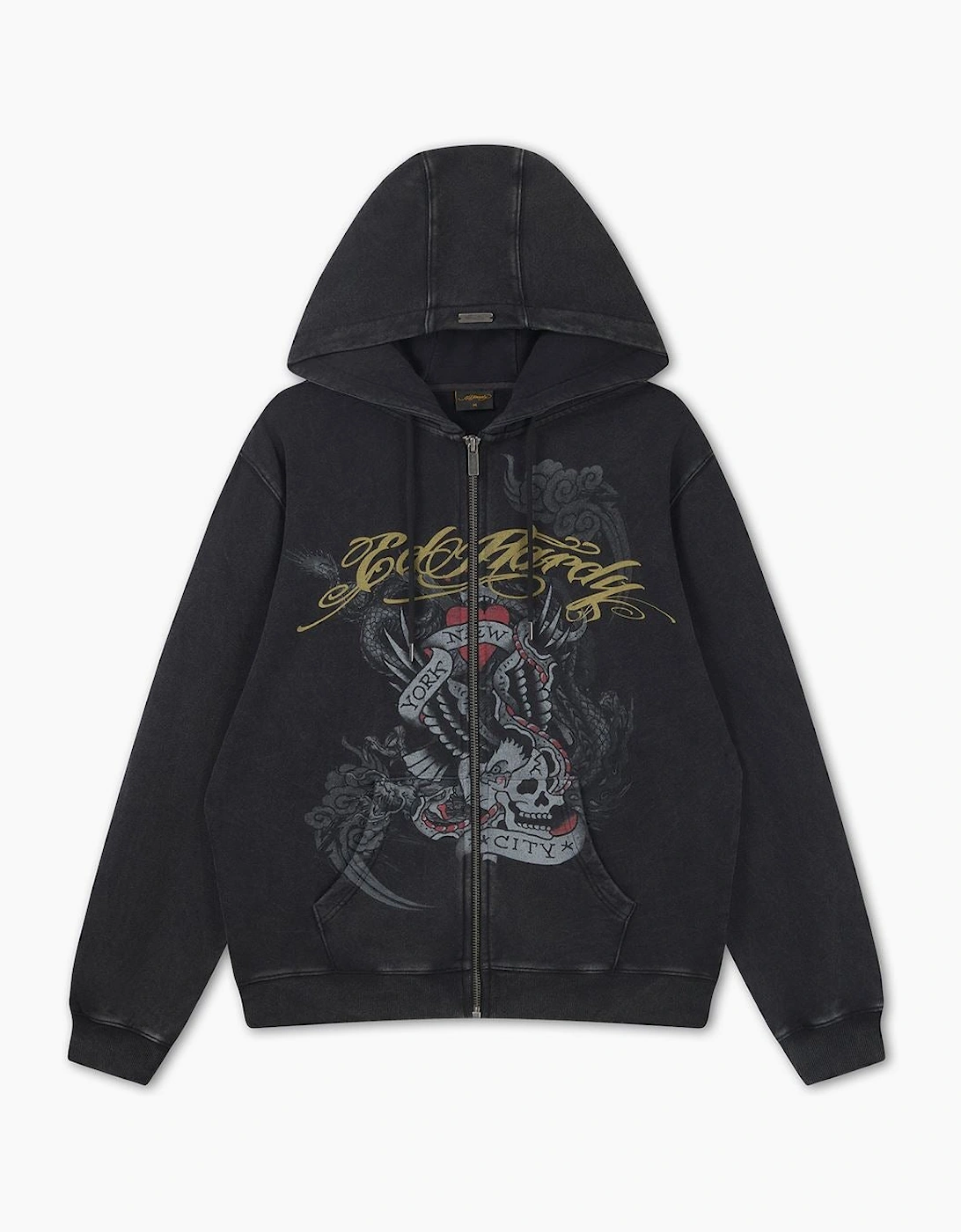 Ed Hardy New York Washed Relaxed Zip Thru Men's Black Hoodie