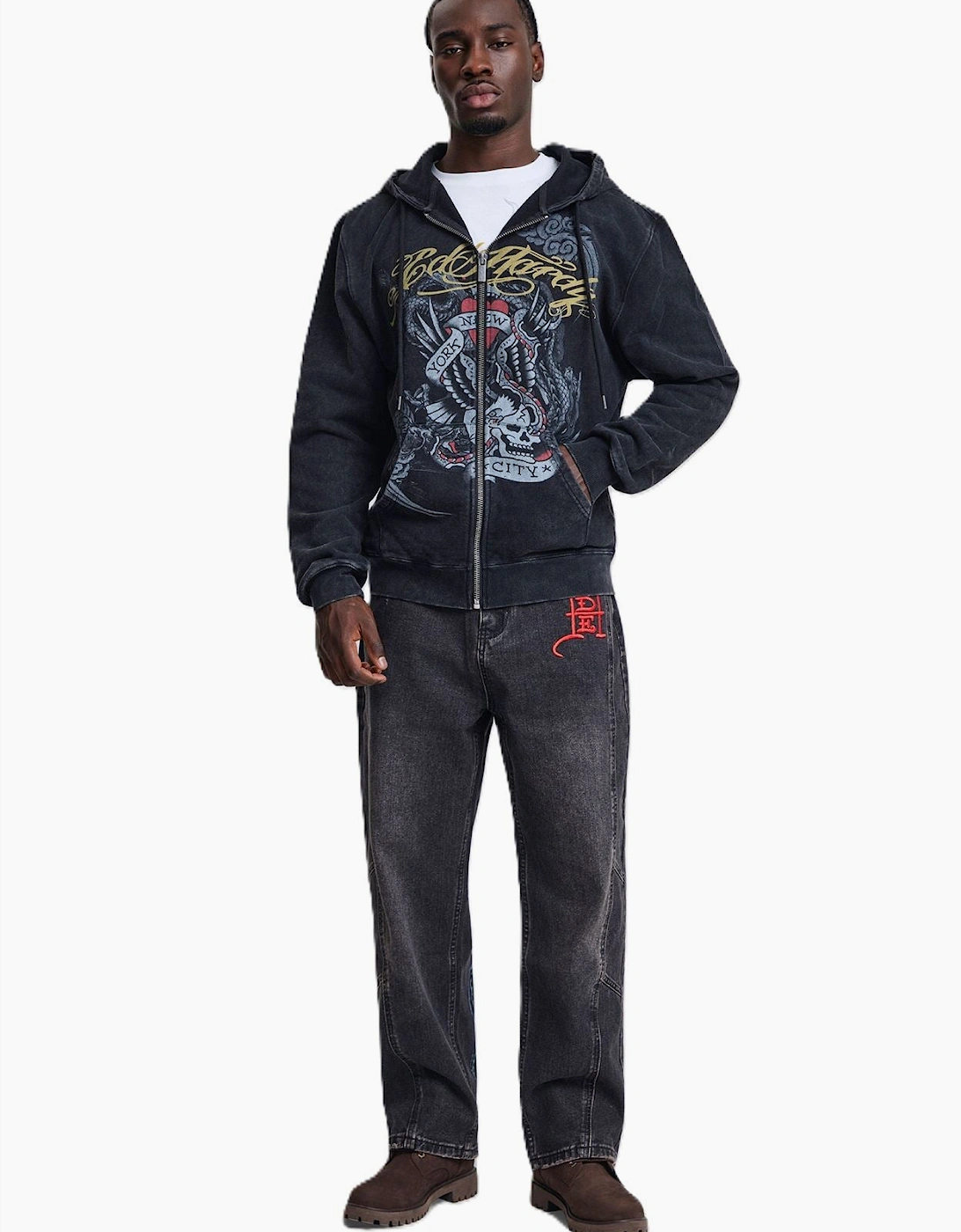 Ed Hardy New York Washed Relaxed Zip Thru Men's Black Hoodie